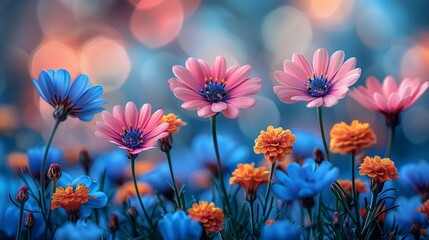 Colorful spring meadows burst with life and color showcasing a variety of blooms in full glory ideal for nature-inspired backgrounds Background Illustration, Bright color tones, , Minimalism,