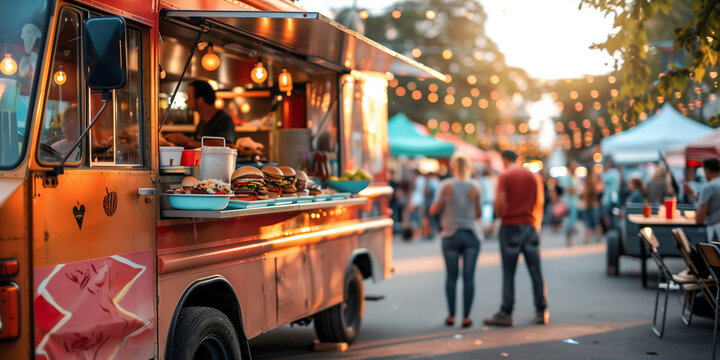 Colorful food truck illuminated by string lights at night. Selling snacks and drinks at music festival. Catering at city fair.