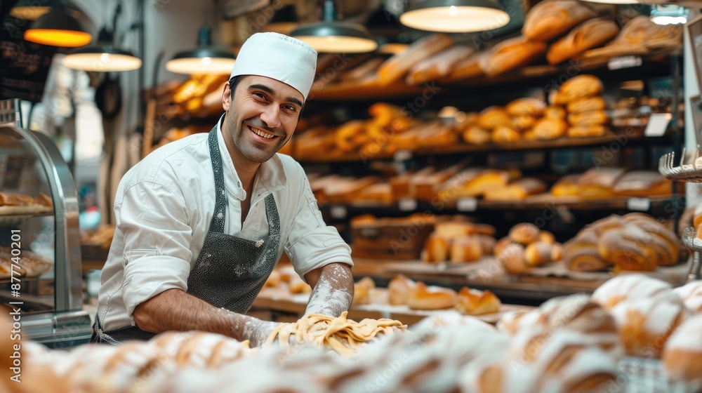 Poster a smiling man in a white apron is working in a bakery. he is surrounded by a variety of breads, incl