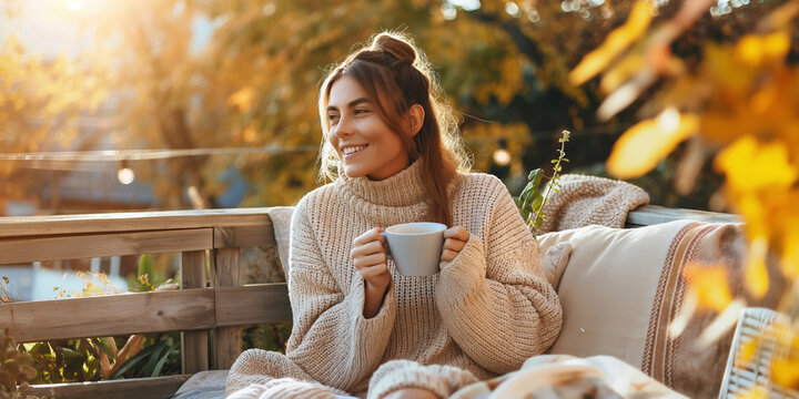 Young woman having a cup of tea on cozy wooden terrace with rustic wooden furniture, soft colorful pillows and autumn foliage. Charming sunny evening in fall garden.