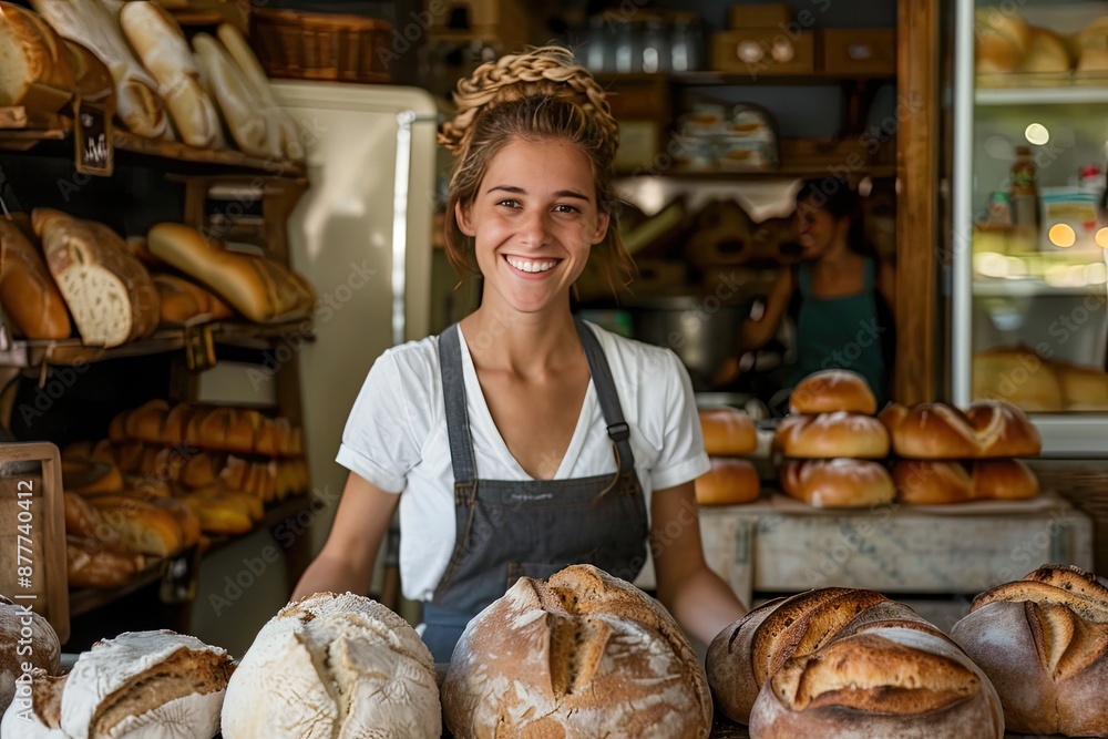 Poster A woman is smiling in front of a bakery with a variety of breads on display. The bakery has a warm and inviting atmosphere, and the woman seems to be enjoying her time there
