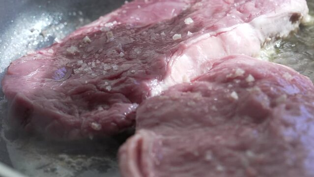 Close-Up Of Meat Being Tenderized With Fork - Preparing Fresh Pork Chops For Cooking