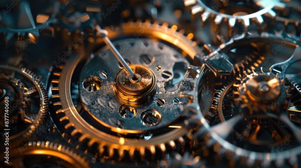 Aufkleber a close up of a clock. the clock is made of gears and has a metallic look to it. concept of precisio
