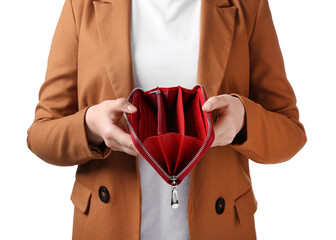 Woman with empty wallet on white background, closeup