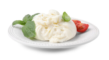 Delicious burrata cheese, tomatoes and basil isolated on white