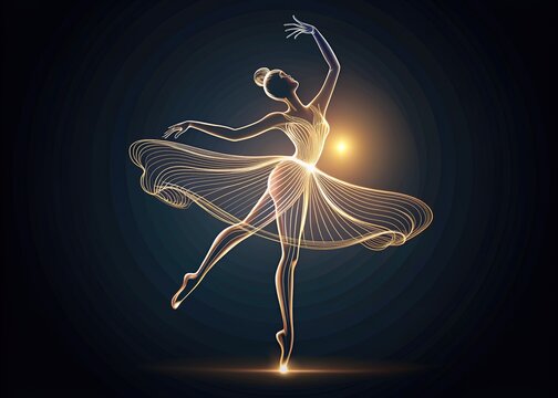 Whimsical minimalist illustration featuring a delicate, swirling tutu, suggesting a dancing ballerina's presence, created with a single elegant vector line.