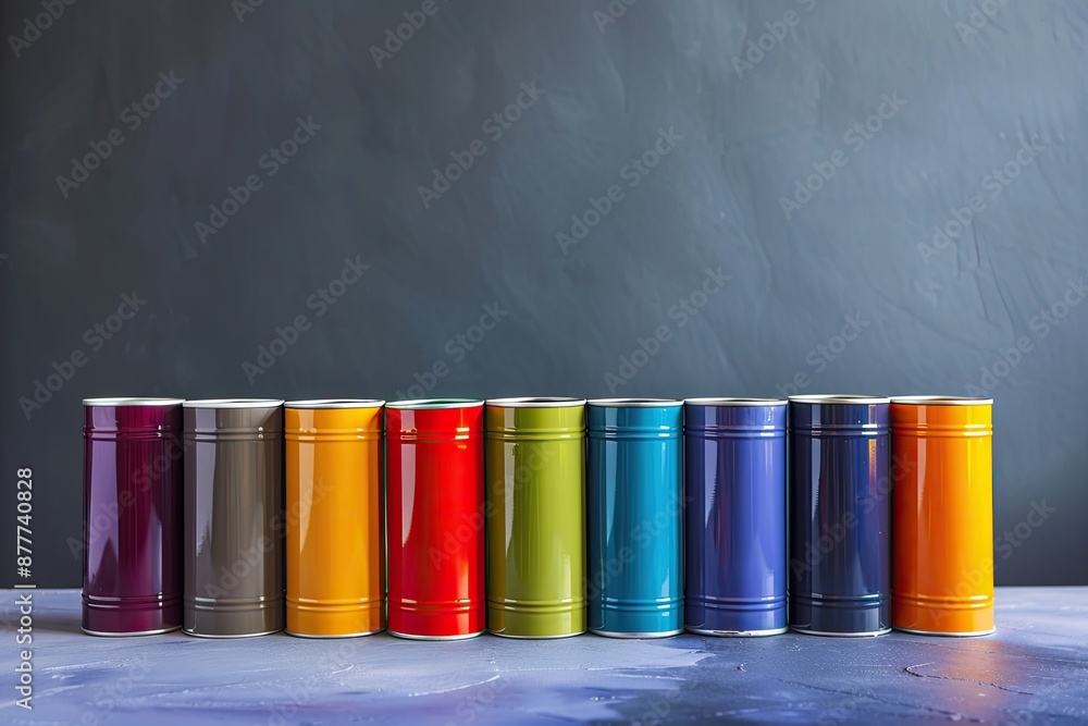 Aufkleber a row of colorful cans lined up on a gray background. the cans are of different colors and sizes, an