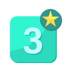 Number three icon. Green square background. Yellow star badge. Vector illustration.