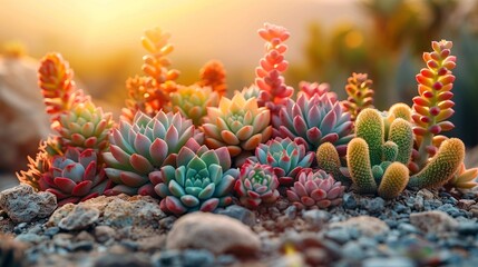 Obraz premium Brightly colored succulents add a touch of desert beauty with their vibrant hues and unique shapes perfect for southwestern-themed backgrounds Background Illustration, Bright color tones, ,