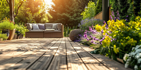 Cozy wooden terrace with rustic wooden furniture, soft colorful pillows and blankets, decorations and flowering plants. Charming sunny evening in summer garden.