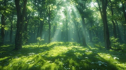 Obraz premium Sunlit forest floors dappled with sunlight create a serene and inviting scene perfect for tranquil and picturesque backgrounds Background Illustration, Bright color tones, , Minimalism,