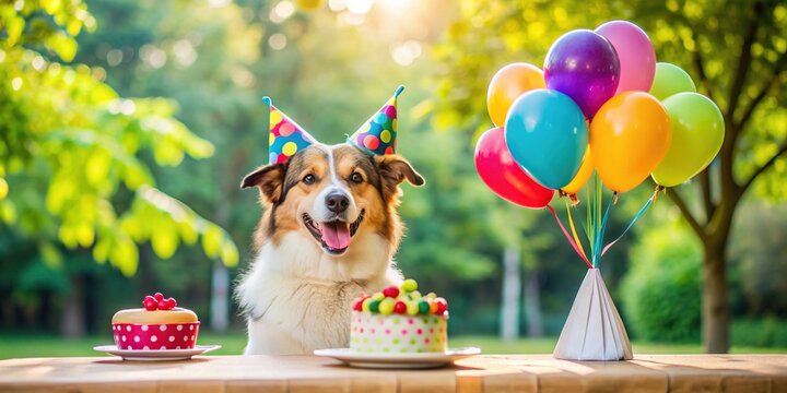 A happy birthday dog sits in a park surrounded by colorful balloons, wearing a festive party hat, in front of a decorated cake with candles lit.