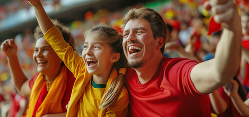 Excited sports fans wearing red and yellow clothes celebrating the victory of their team. People chanting and cheering for their soccer team. Family watching football match.