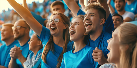 Excited sports fans wearing blue and white clothes celebrating the victory of their team. People chanting and cheering for their soccer team. Family watching football match.