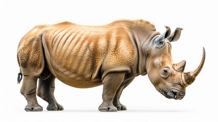 Obraz premium Majestic Rhinoceros Under Studio Lights Powerful Horn on White Background