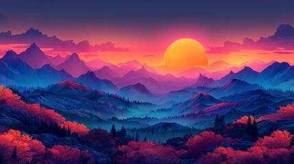 Obraz premium Brightly colored landscapes depict the beauty of natural environments with vibrant hues and diverse flora perfect for lively and inviting backgrounds Background Illustration, Bright color tones, ,