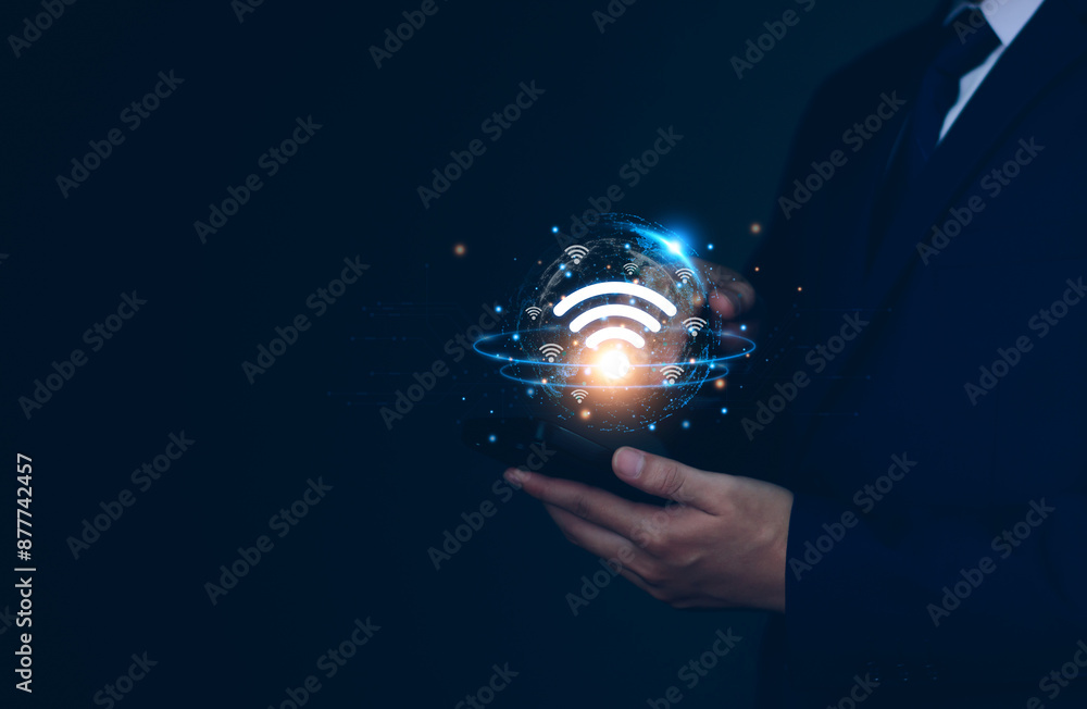 Poster internet wifi fast connect concept, man holding smartphone access high speed internet connect global