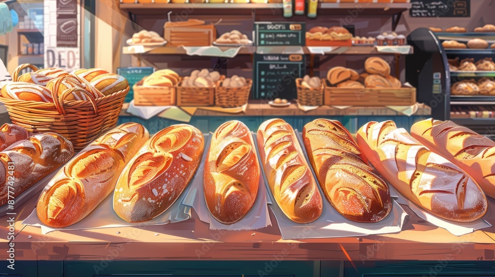 Poster a bakery with a variety of breads on display. scene is warm and inviting, with the breads arranged n