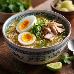 illustration of Lamongan chicken soto food topped with koya and boiled egg.