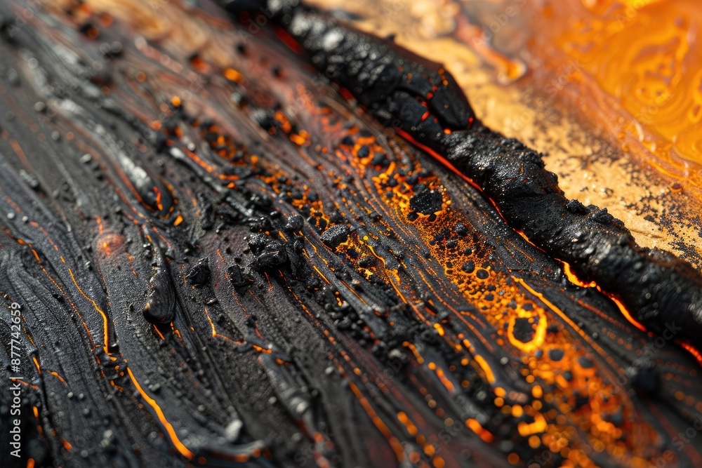 Poster the image is a close up of a lava flow with black and orange colors. the lava is flowing down a hill