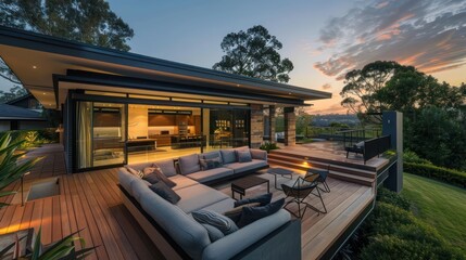 Fototapeta premium Contemporary suburban house with an elevated deck that provides sweeping views of the surrounding area and a modern, outdoor seating arrangement