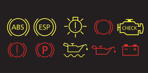 Veichle dashboard lights, car fault lights, veichle dashboard light icon set vector