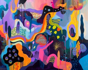 Abstract Landscape Painting with Vibrant Colors and Organic Shapes