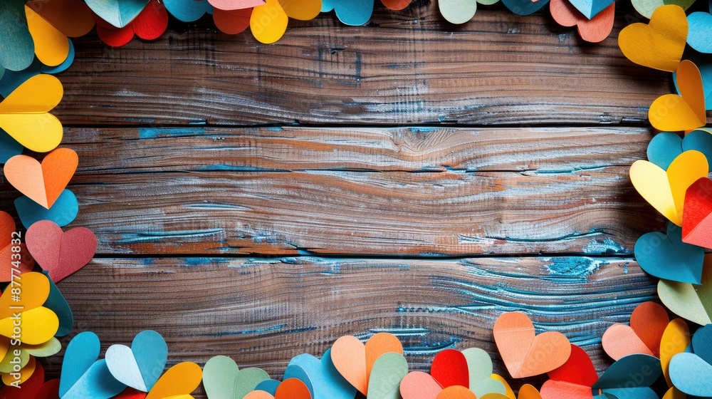 Canvas Prints Frame of colorful paper hearts on old wooden background with copy space Texture concept for Valentine s Day