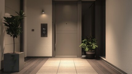 Modern suburban entryway with a sophisticated security system integrated into a minimalist design aesthetic