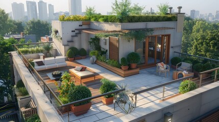 Fototapeta premium Modern suburban home with a rooftop terrace that includes a small garden and seating area, perfect for urban gardening and relaxation
