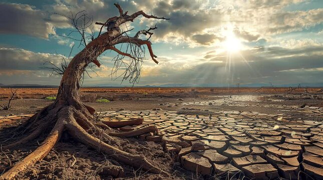 Solitary Dead Tree Standing on Cracked Earth Ground Under a Clear Sky
 seamless looping 4k time-lapse virtual video animation background. generated ai