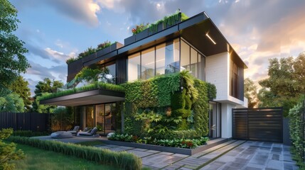 Modern suburban home with a biophilic design, integrating living green walls both inside and out