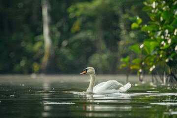 Obraz premium Full body view of Coscoroba Swan swimming in lake natural habitat, full body shot, full body View