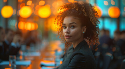 focused woman with orange lights