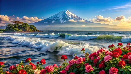 Majestic Mount Fuji rising above a sea of big waves with vibrant roses in the foreground, Mount Fuji, majestic, big waves