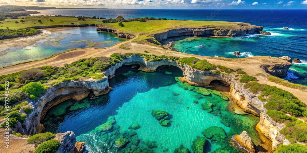 Sticker Aerial top view of ocean, cave, and lagoons on a sunny day, perfect summer background , ocean, cave, lagoons, aerial view