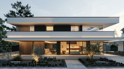 Modern suburban home with a minimalist facade and strategically placed skylights that flood the interior with natural light