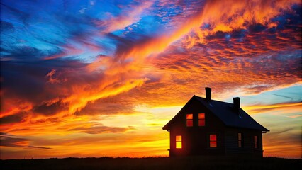 House silhouette against a colorful sunset sky, sunset, house, silhouette, evening, dusk, home, nature, sky, clouds