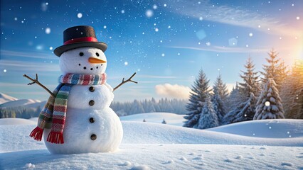 Fototapeta premium Snowman standing tall on a snowy landscape with a carrot nose and scarf, snow, winter, cold, festive, decoration, holiday, frosty, white