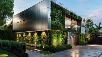 Fototapeta premium Modern suburban house with a sleek, metallic facade and a hidden garden that uses vertical space for greenery