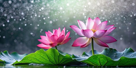 Pink lotus flowers with drops on leaves against gray background, pink, lotus, flowers, closeup, gray, background, drops, leaves