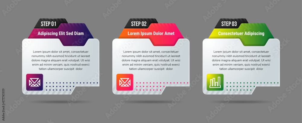 Poster three steps of colorful gradient infographic design with transparent diagonal and circle shape patte