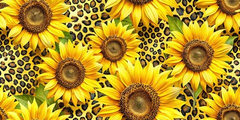 Vibrant yellow sunflowers bloom against a striking leopard print design on a bright yellow background with contrasting white accents, creating a lively summer theme.