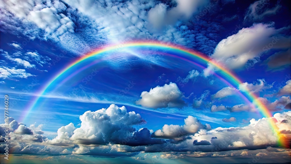 Wall mural Blue sky with fluffy white clouds and a vibrant rainbow stretching across the horizon, sky, clouds, rainbow, serene