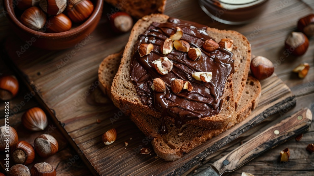 Poster bread slice topped with hazelnut chocolate in a top view