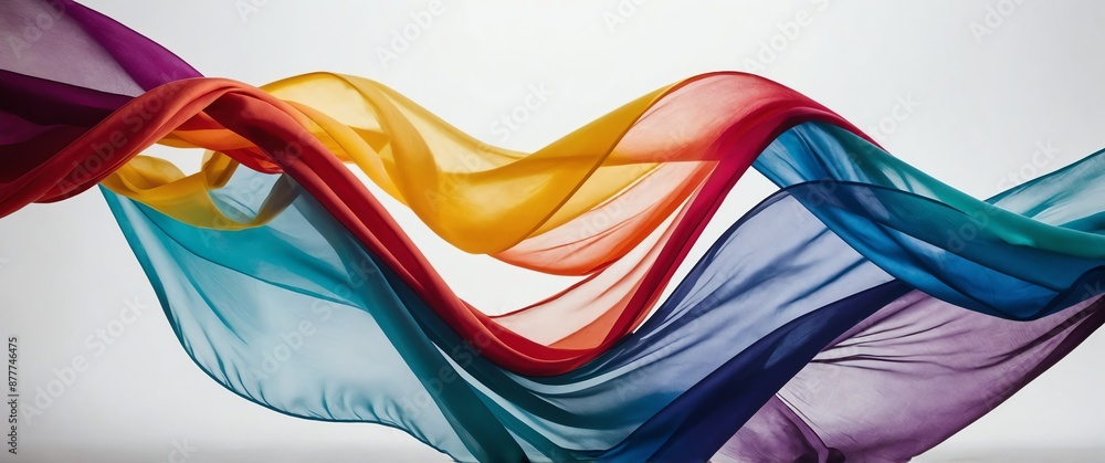 Poster wavy colorful fabric floating on plain white background for banner background copy space