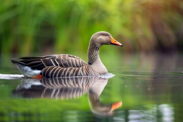 Obraz premium Full body view of Taiga Bean Goose swimming in lake natural habitat, full body shot, full body View