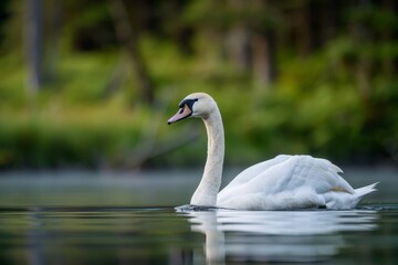 Obraz premium Full body view of Trumpeter Swan swimming in lake natural habitat, full body shot, full body View