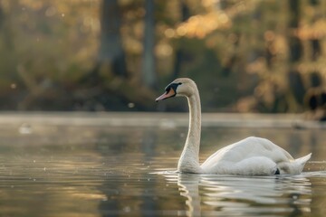 Fototapeta premium Full body view of Trumpeter Swan swimming in lake natural habitat, full body shot, full body View