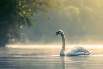 Fototapeta premium Full body view of Whistling Swan swimming in lake natural habitat, full body shot, full body View